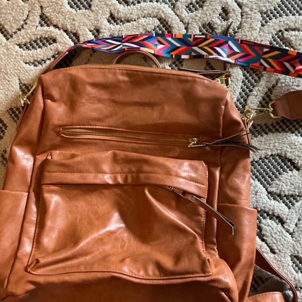 Brown Leather Women's Bag with Colorful Strap